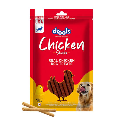 Drools Puppy & Adult Dog Treats Sticks, 100g | Real Chicken Flavour |Rich in Protein | No Artificial Preservatives | Best for Training & Bonding | Formulated in USA | Premium Treats