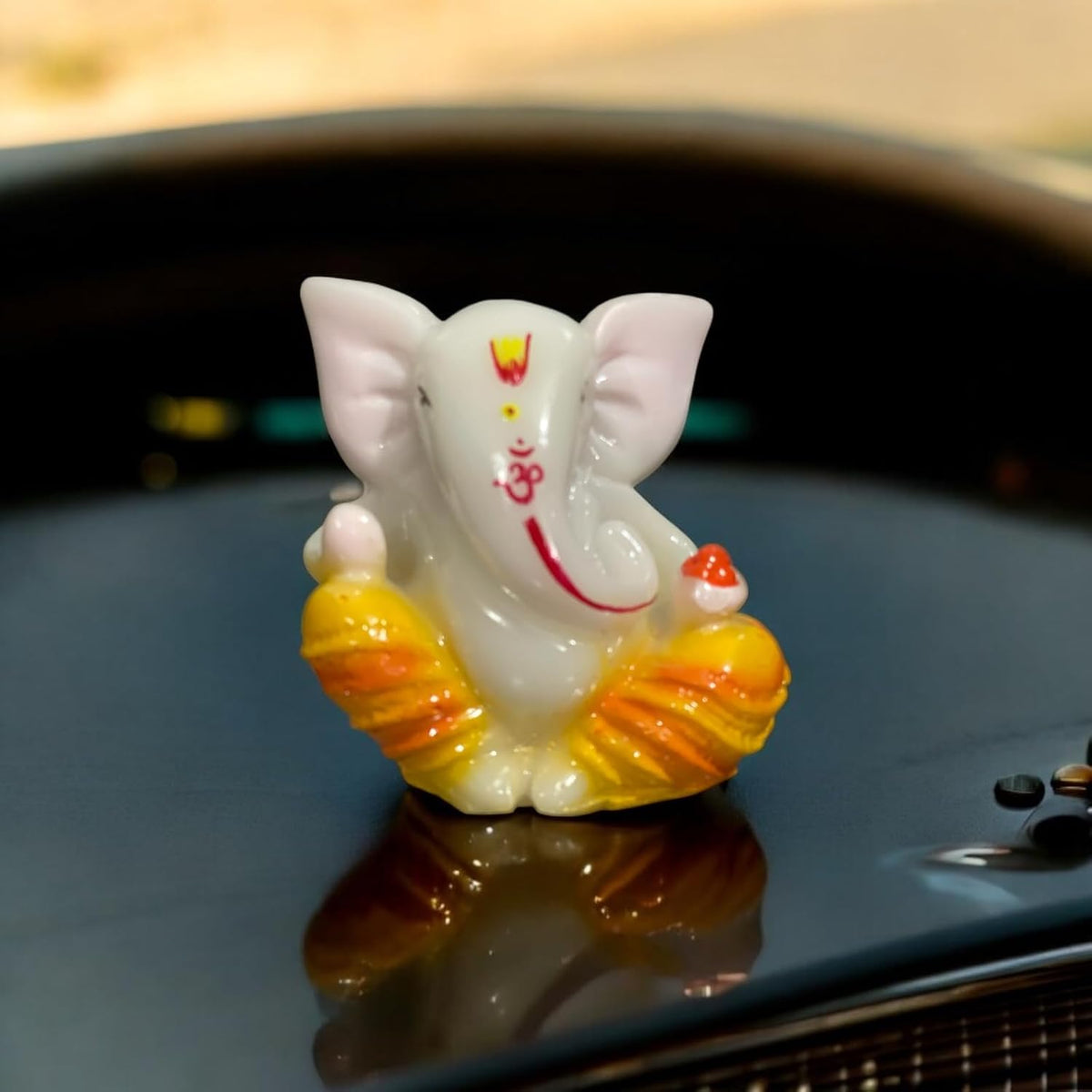 Lord Ganesha Idol for Car Dashboard | Composite Marble Ganesh | Available in White, Golden & Black | Small Sitting Ganpati Murti