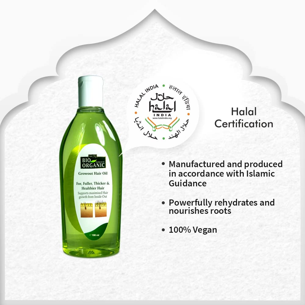 Green bottle of hair oil with Halal certification label on a white background