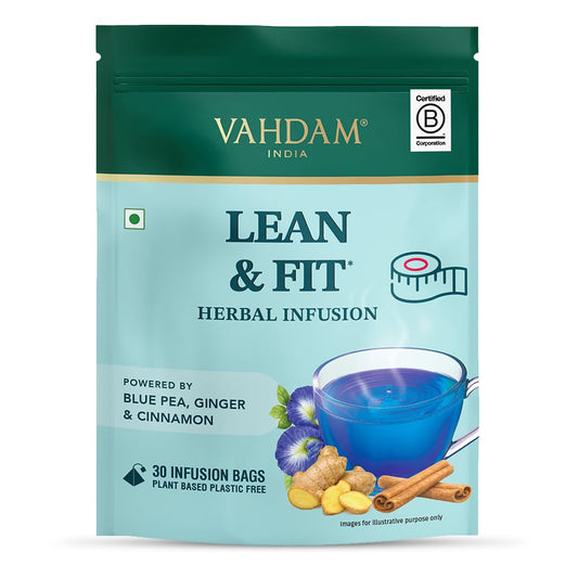 VAHDAM Lean & Fit Herbal Infusion | Helps Manage Body Fat | Powered by Blue Pea, Ginger & Cinnamon | Caffeine Free | Plant-Based | No Added Sugar | 30 Tea Bags