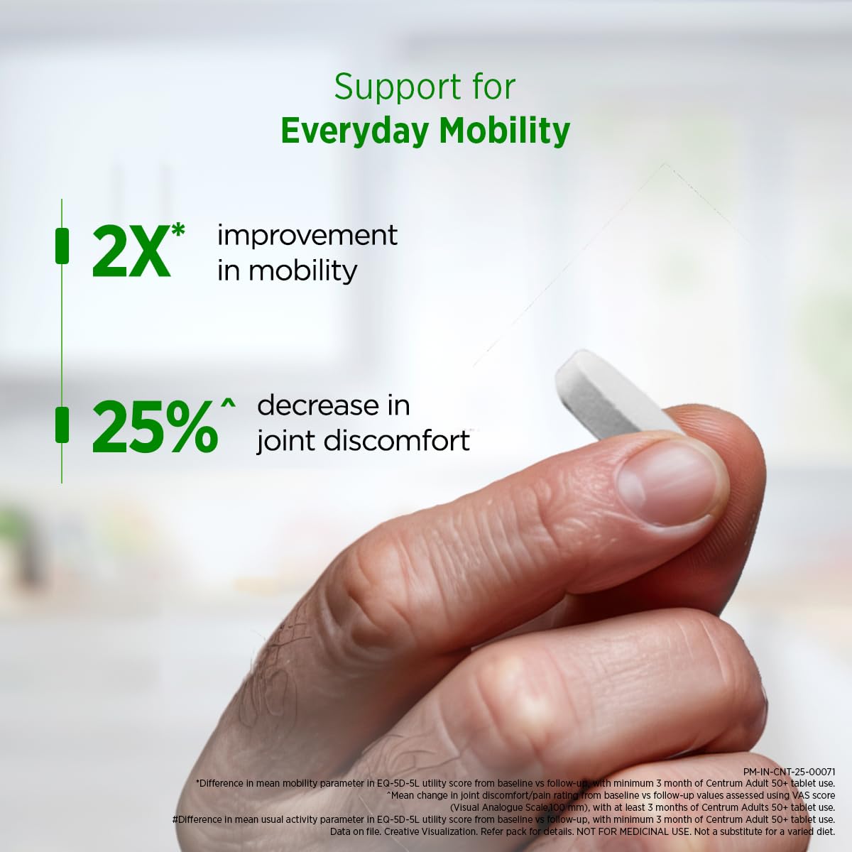 Hand holding a small white device with text about mobility improvement and joint discomfort reduction.