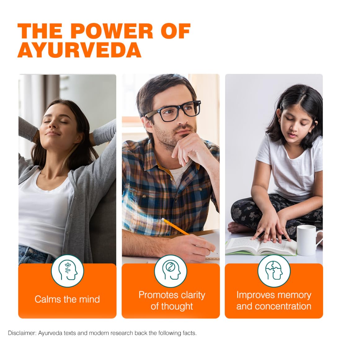 Promotional graphic for Ayurveda benefits with three people and text about its effects.