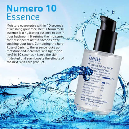 belif Numero 10 essence bottle with water splash and product description text