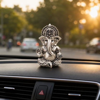 Gold Art India Ganesh Idol 999 Silver Plated Antique Matte | 3 x 2 Inch Ganesha Murti with Peacock Blue Velvet Gift Box | Home Temple, Office Desk & Spiritual Gift