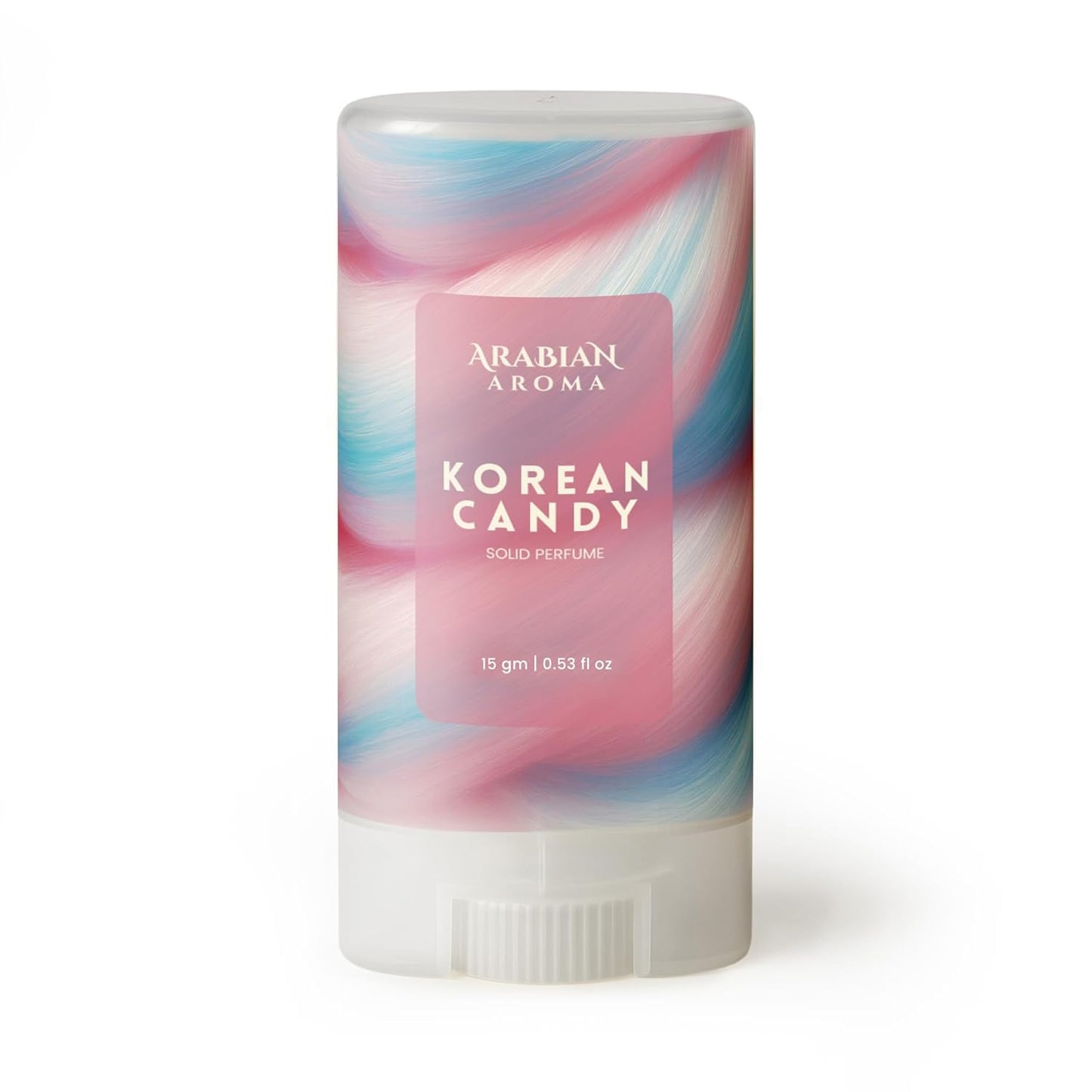 Solid perfume stick with colorful packaging labeled 'Korean Candy' by Arabian Aroma on a white background.