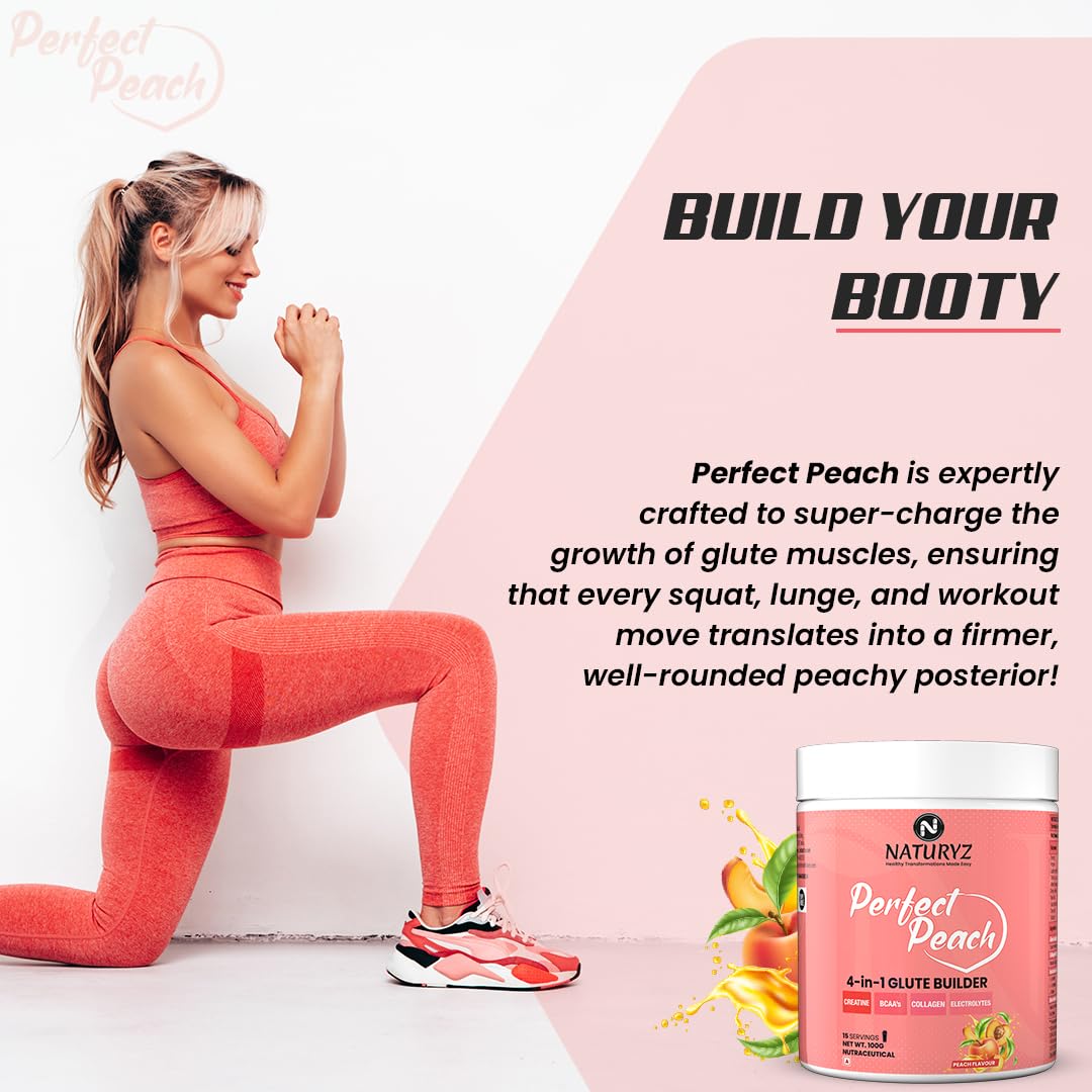 Woman in workout attire posing with 'Perfect Peach' supplement container on a white background
