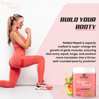 Woman in workout attire posing with 'Perfect Peach' supplement container on a white background