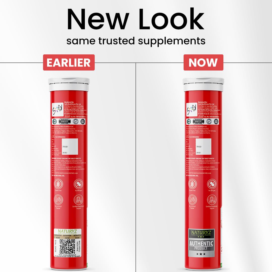 Two red supplement tubes side by side with text indicating a 'New Look' comparison.