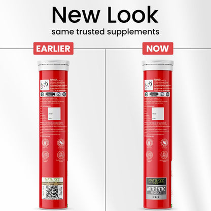 Two red supplement tubes side by side with text indicating a 'New Look' comparison.