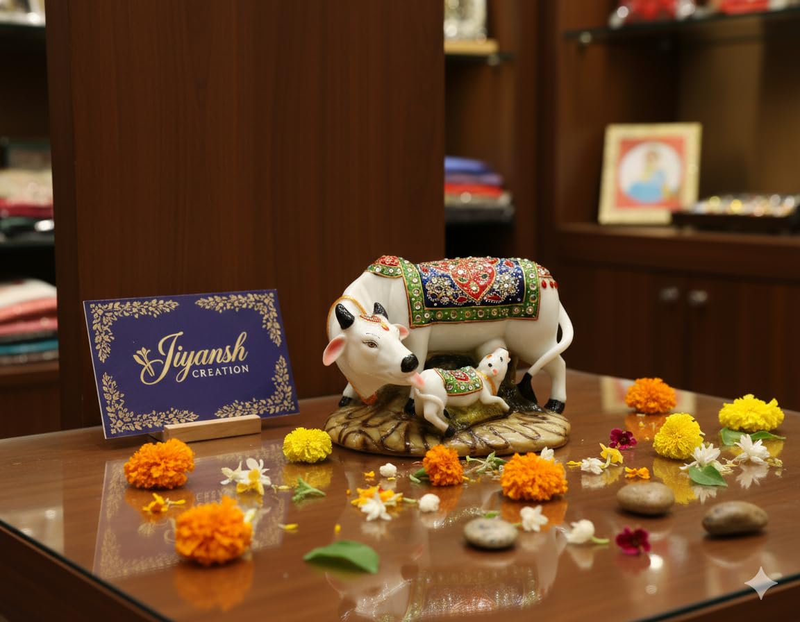 JIYANSH Creation Kamdhenu Cow and Calf Statue for Home Decor - Handcrafted Polyresin Marble Finish Vastu Showpiece for Living Room Pooja Mandir - Large 6 Inch (White Gold)