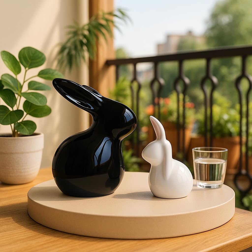 Home Décor Ceramic Rabbit Figurines (Set of 2, Black and White)