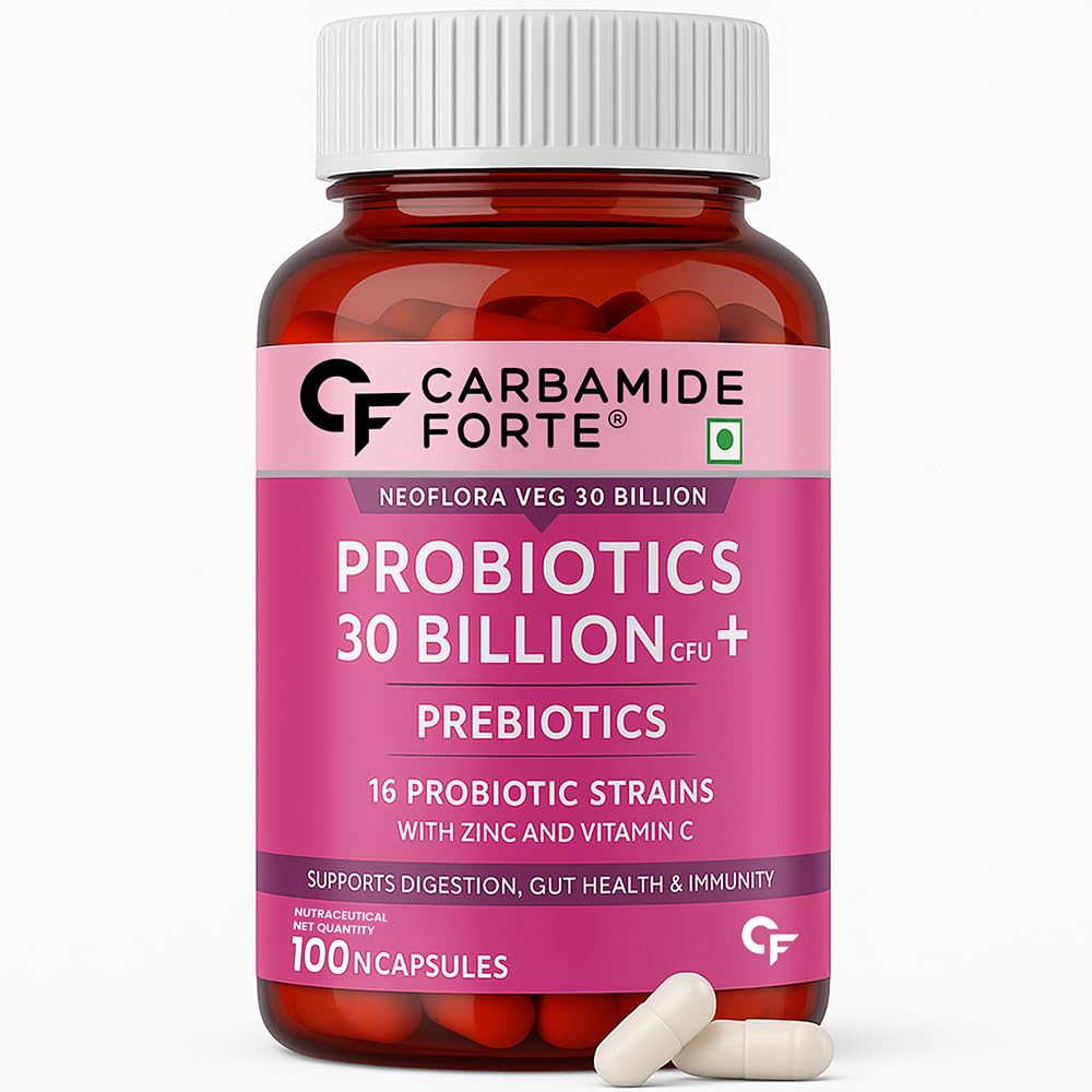 Bottle of Carbamide Forte probiotics and prebiotics on a white background