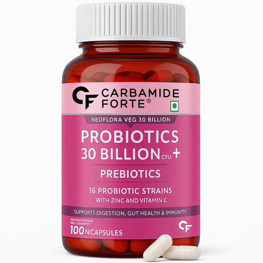 Bottle of Carbamide Forte probiotics and prebiotics on a white background