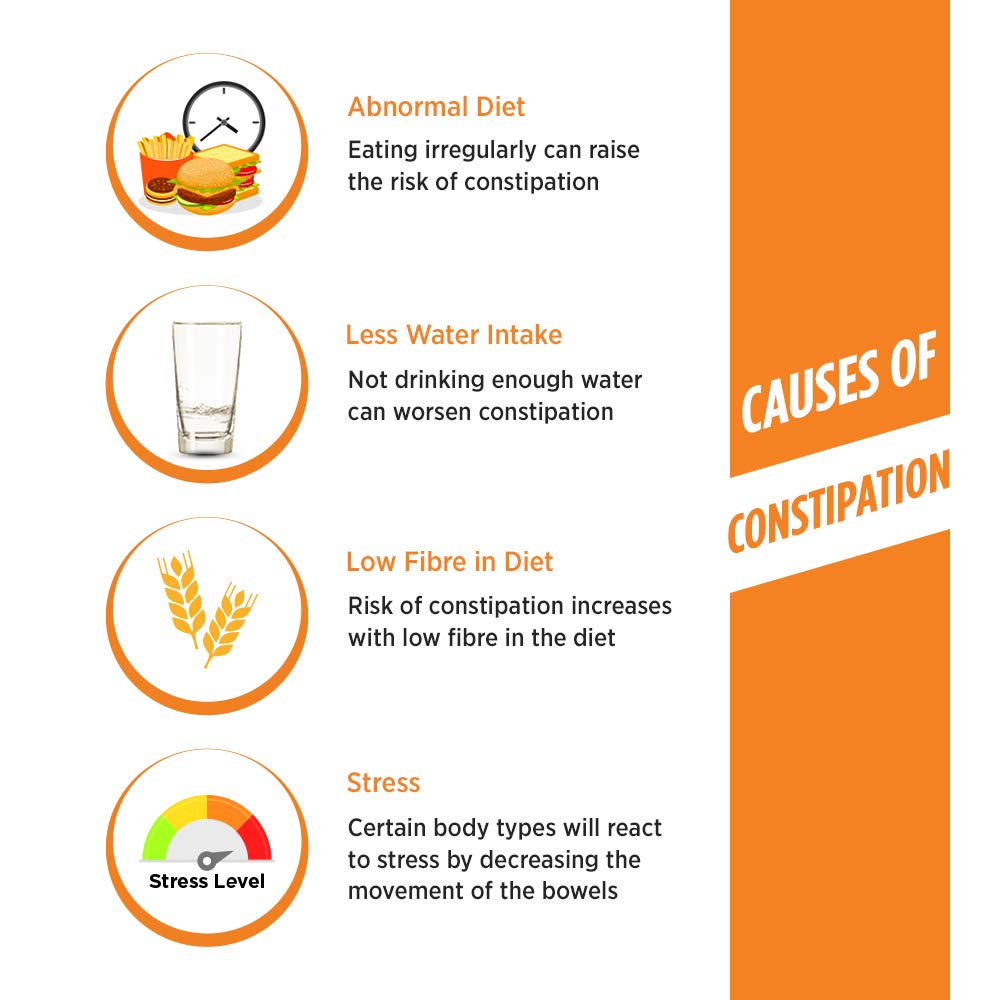 Infographic detailing causes of constipation with icons and text on a white background.