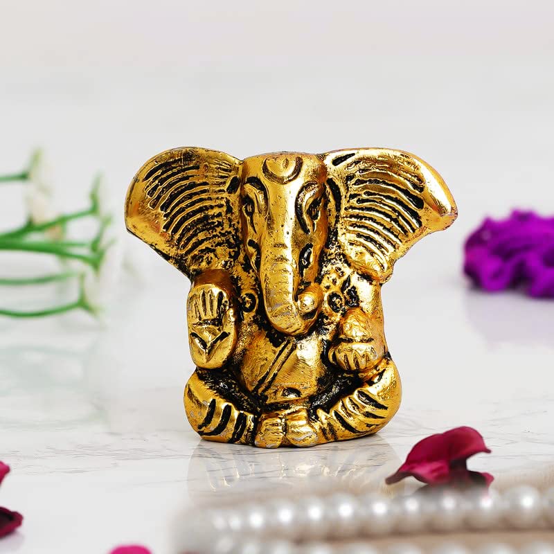 Metal Ganesh Idol for Car Dashboard Small, Handmade Small Ganpati Statue Murti for Home, Office, Tabledesk, Diwali Gift Items (Golden, 4 CM Height)