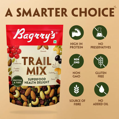 Bagrry’s Trail Mix 200 GM | 7 in 1 Superfoods | California Almond | Cashews | Cranberries | Dates | Pumpkin Seeds | Green & Black Raisins | High Protein | Fibre-Rich | Oil-Free | Non-Salted | Healthy Snack for Anytime Energy | Dry fruit mix | Mix nuts