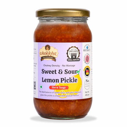 Chokkha Distinctly Different and Delicious Sweet & Sour Lemon Chutney | All in 1 Flavor - Sweet, Sour, Tangy, Spicy | Made with Juiciest Lemons | Traditional Family Recipe | Good for Traveling | No Vinegar, Colors or Additives | 100% Oil-Free | 400 Gm