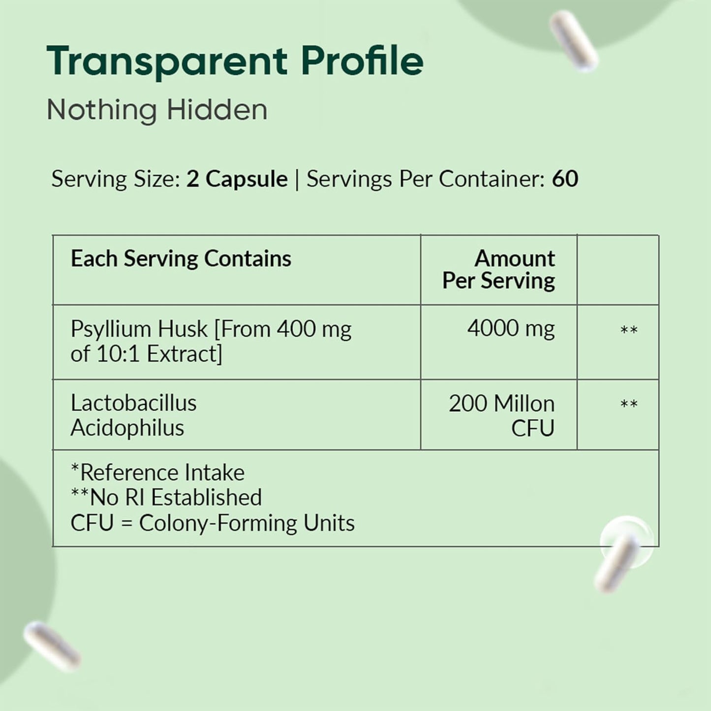 Nutritional information label for a dietary supplement on a green background