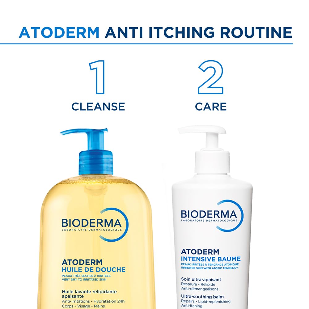 Bioderma Atoderm anti-itching routine with two products on a white background.