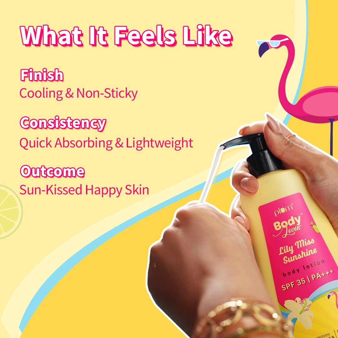 Plum BodyLovin' Lily Miss Sunshine SPF 35 PA+++ Sunscreen Body Lotion For Summers | No White Cast | Broad Spectrum UVA & UVB Protection | Aloe Juice Cools Skin by 1°| Hydrates Up to 72 Hours | Fruity Floral Fragrance - 200ml