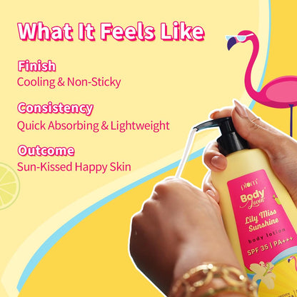 Plum BodyLovin' Lily Miss Sunshine SPF 35 PA+++ Sunscreen Body Lotion For Summers | No White Cast | Broad Spectrum UVA & UVB Protection | Aloe Juice Cools Skin by 1°| Hydrates Up to 72 Hours | Fruity Floral Fragrance - 200ml