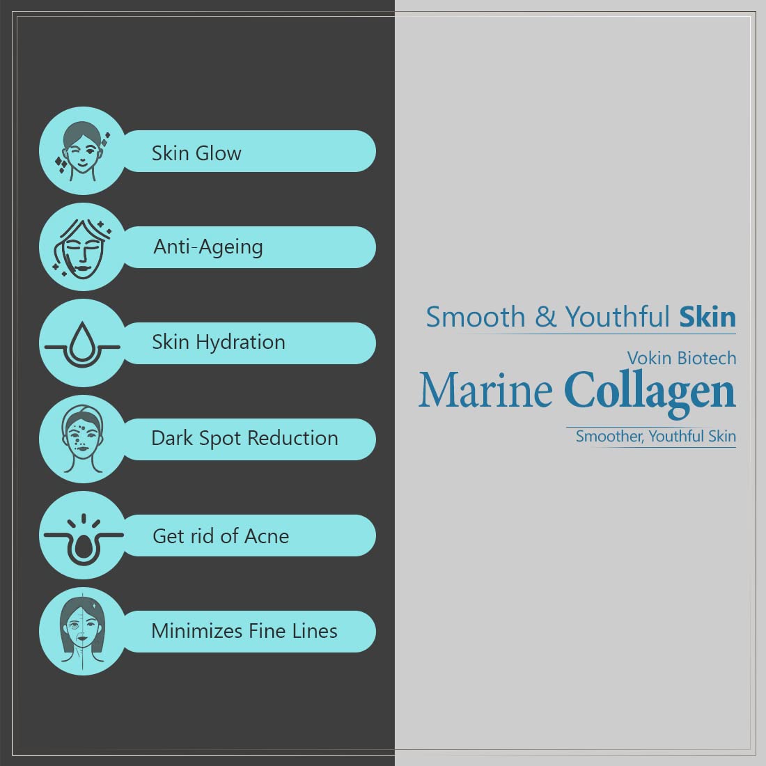 Promotional graphic for Marine Collagen with skin benefits listed on a dark background.