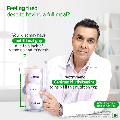 Advertisement featuring a man holding multivitamin capsules with text about nutrition gaps and Centrum Multivitamins.