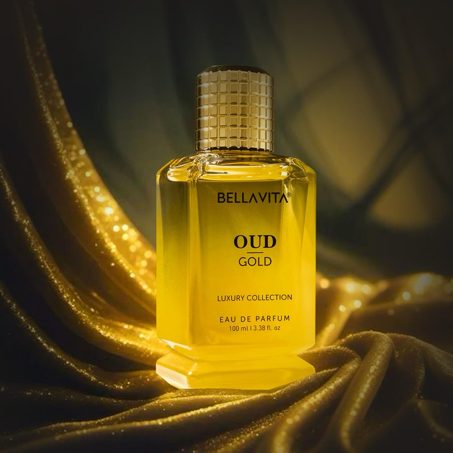 Bottle of Bellavita Oud Gold luxury collection eau de parfum on a dark background