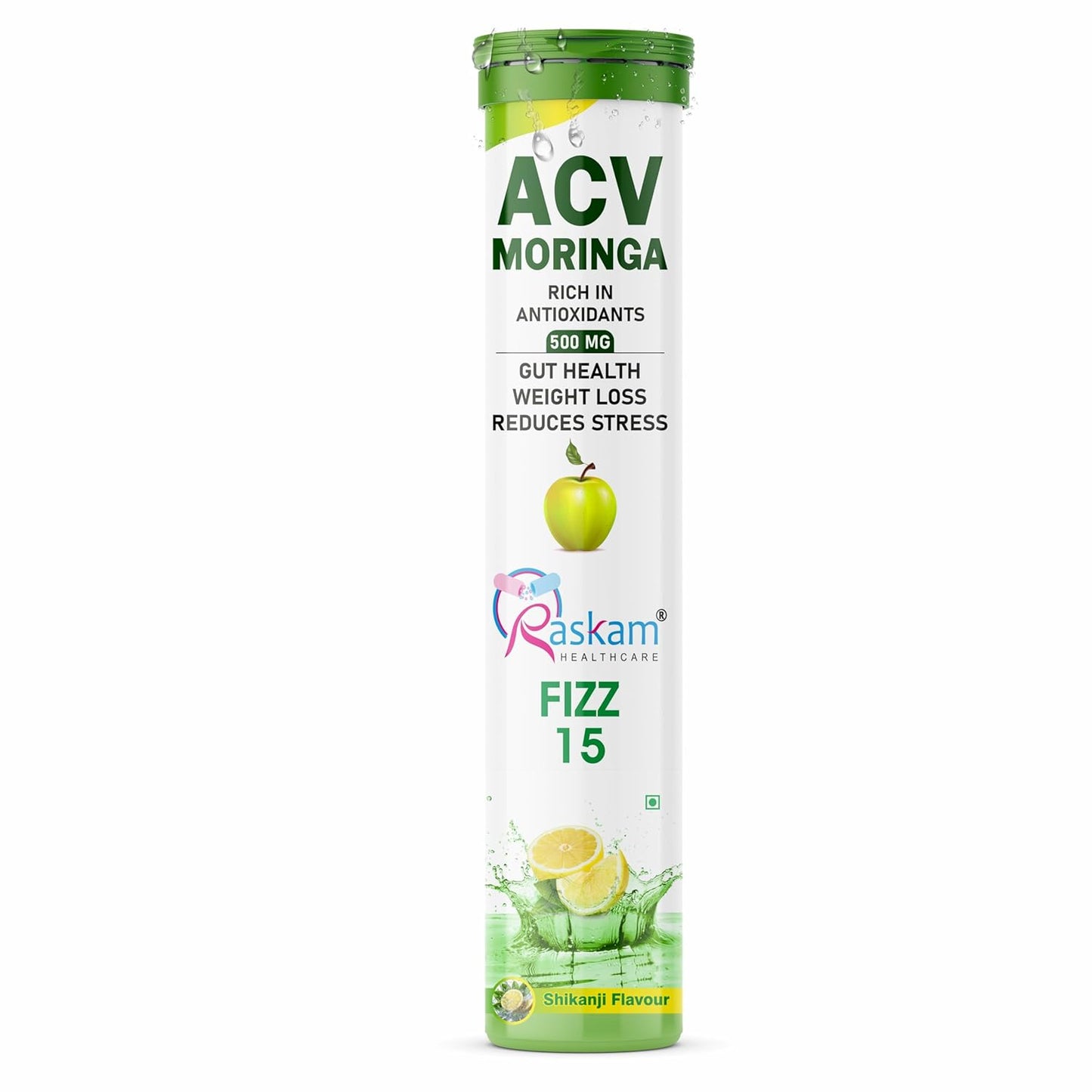 ACV Moringa 500mg Shikanji Flavour 15 Effervescent Tablets For Gut Health | Weight Loss | Reduces Stress | 100% Vegan | 15 Tablets Each (Pack of 1)