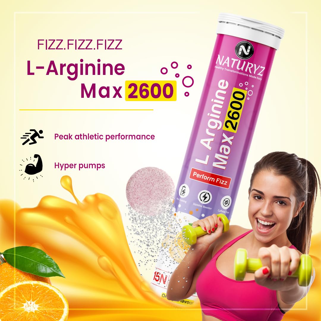 Naturyz L-Arginine Max 2600 supplement with a woman holding dumbbells and orange slices on a light yellow background.