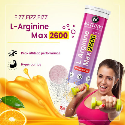 Naturyz L-Arginine Max 2600 supplement with a woman holding dumbbells and orange slices on a light yellow background.