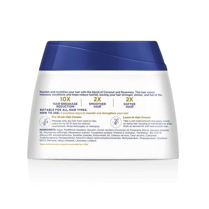 Hair care product container with blue lid and white body on a white background