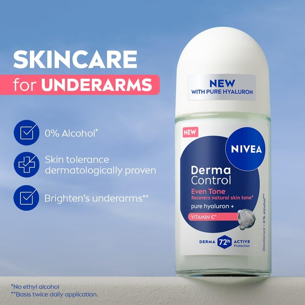 Nivea Derma Control deodorant bottle with product features on a blue background