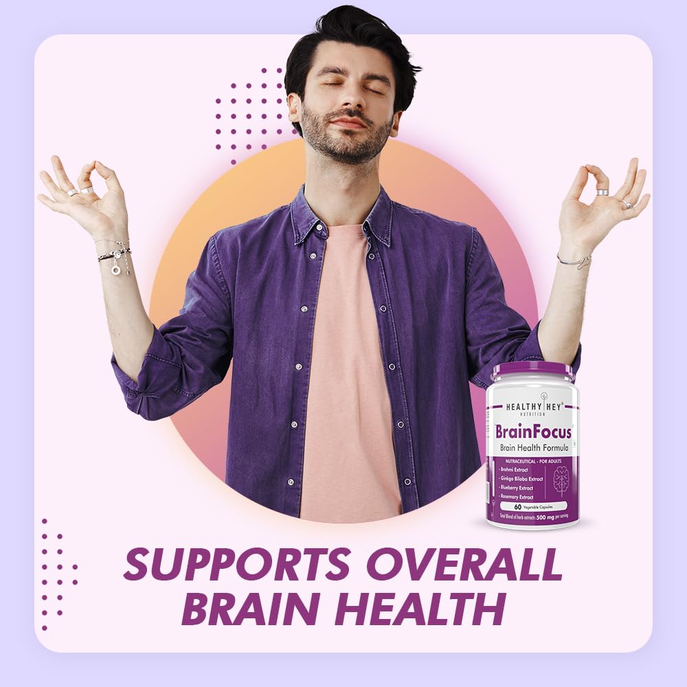 Man holding a supplement bottle labeled 'BrainFocus' with text 'Supports Overall Brain Health' on a gradient background.