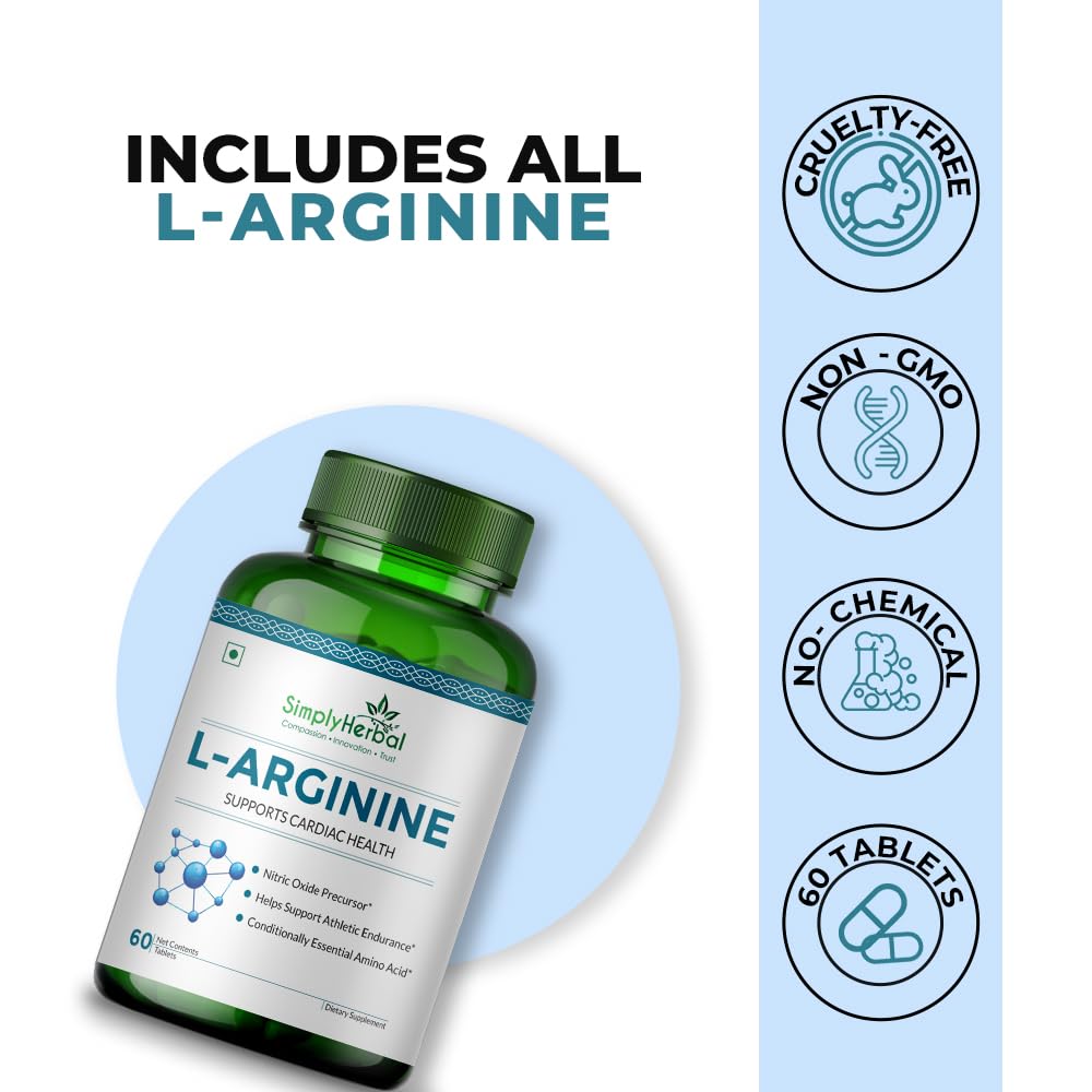 Simply Herbal L-Arginine Supplement 500 mg Pre- Post Workout For Men Women, Support Bone Muscle Building Amino Acid, Strength, Performance & Energy, Recovery, Immune System- 60 tablet