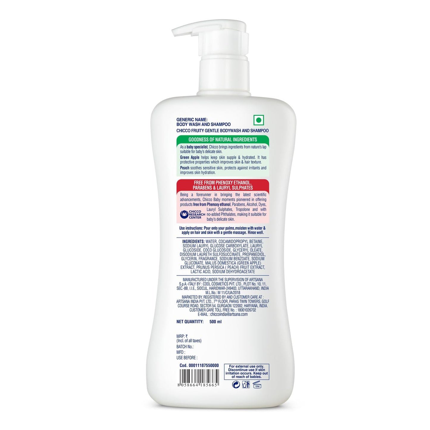 Chicco Baby Moments Gentle Bodywash & Shampoo with Green Apple & Peach, 500ml | Head-to-Toe | No Tears Formula | Hydrated Skin & Hair | Dermatologically Tested | Parabens & Phenoxyethanol Free