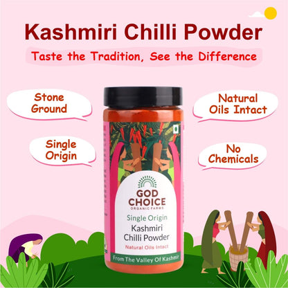GOD CHOICE ORGANIC FARMS Kashmiri Chilli Powder 200G||Sourced from the valley of Kashmir|Stoneground|100% Pure With Natural Oils Intact|No Artificial Colours or Additives|Organic Spicy Masala