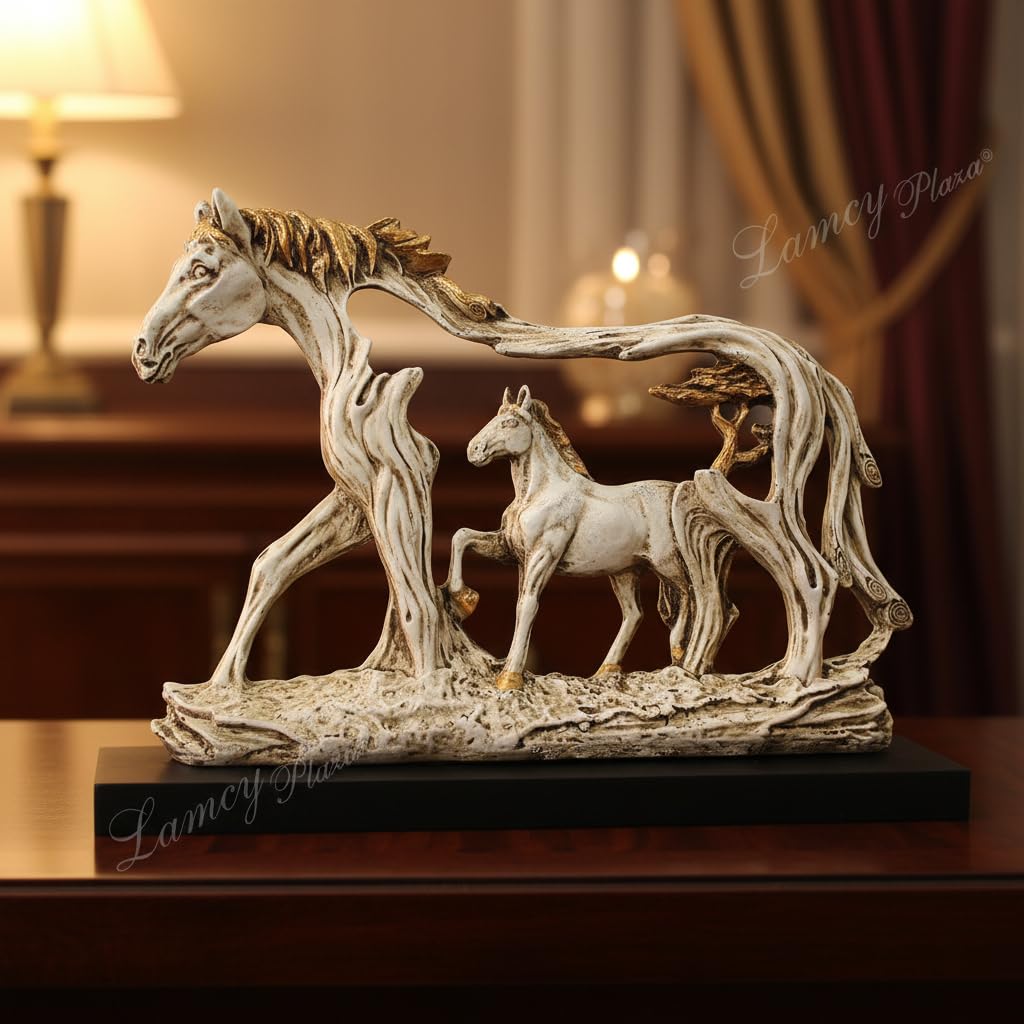 Lamcy Plaza Resin White Running Horse Statue Showpiece - 8.5 Inch | Home Decor Items for Hall Showcase, Living Room & Bedroom | Resin Home Decor Showpiece for Gift Purpose