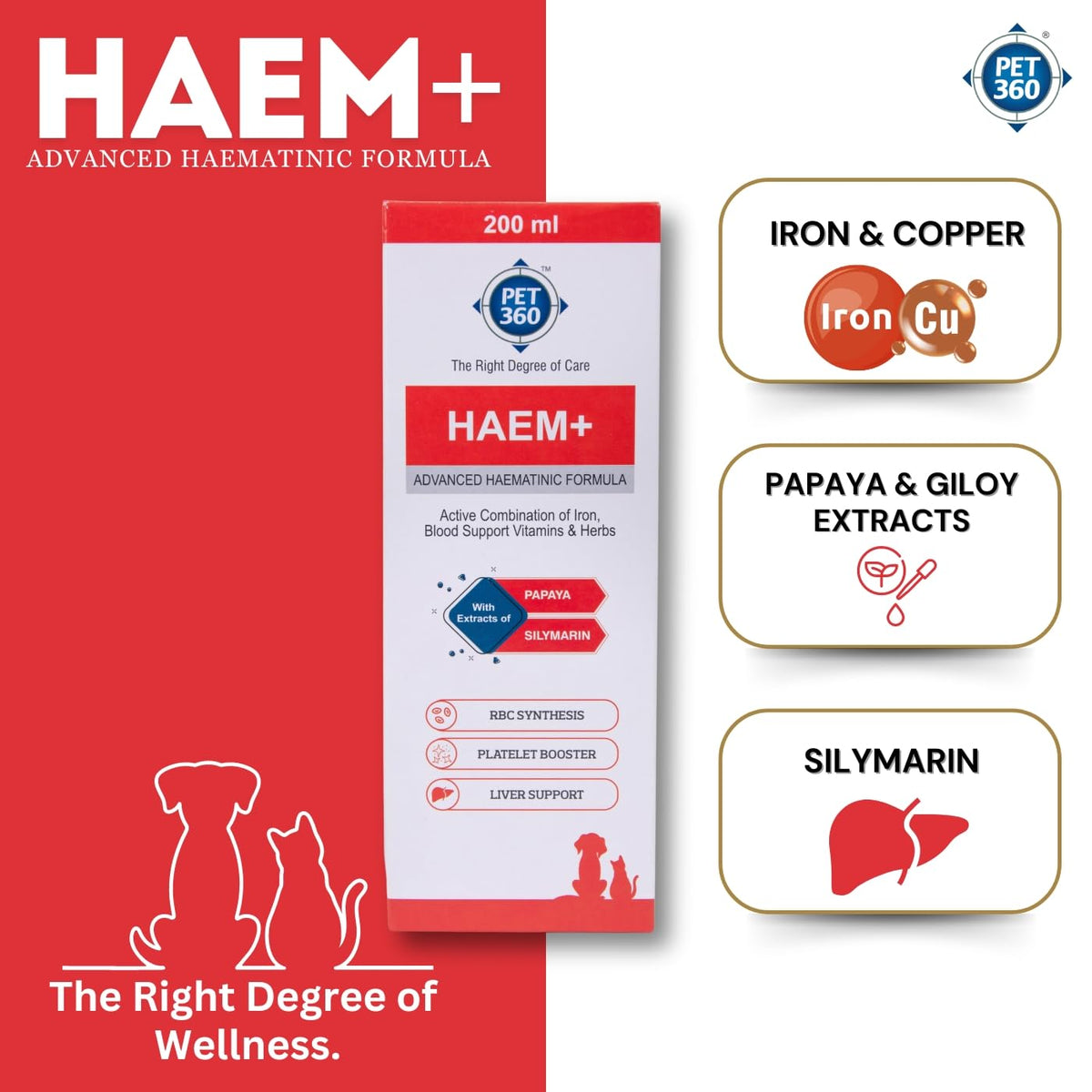PET360 HAEM+ Advanced Haematinic Formula | Health Booster & Liver Tonic for Cats & Dogs | with Extracts of Papaya & Silymarine | Active Combination of Iron, Blood Support Vitamins & Herbs - 200 ml