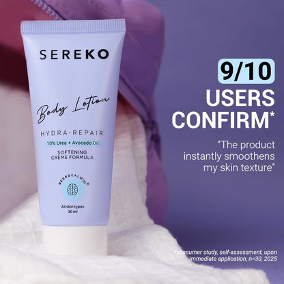 Sereko body lotion tube with user confirmation text on a purple background