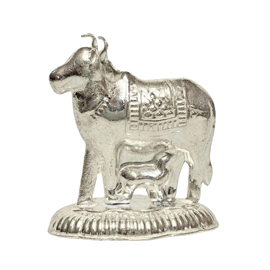 Vail Creation German Silver Kamdhenu Cow and Calf Idol Decoration for Pooja Room Gift Worship Office Home Decor Items | Silver Cow and Calf Statue