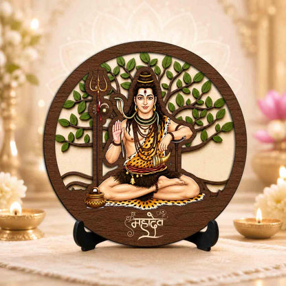Plan To Gift Shiv Ji Wooden Idol with Stand for Home Temple, Puja Room, Office Desk & Indoor Mandir Decor - 5x5 Inch