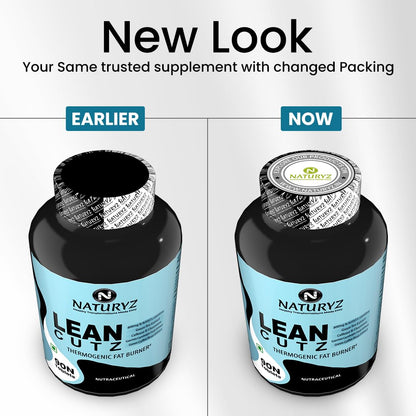 Comparison of NaturaZ Lean Cutz supplement bottles with 'Earlier' and 'Now' labels.