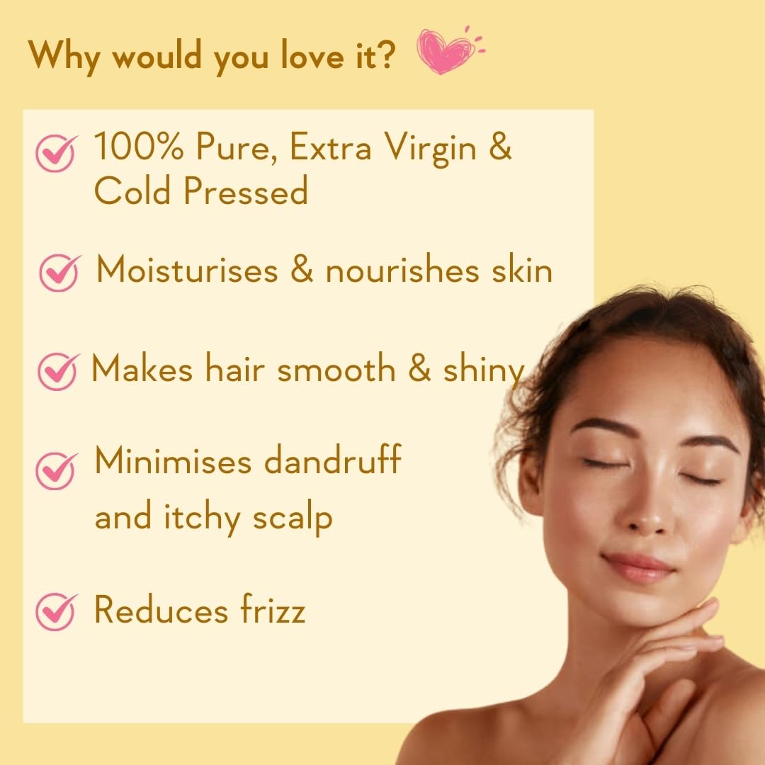 Woman with smooth skin and hair, with text highlighting benefits of a product on a yellow background