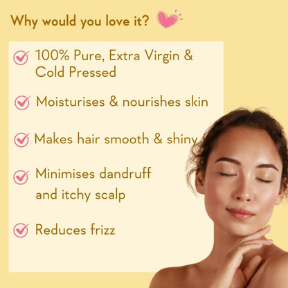 Woman with smooth skin and hair, with text highlighting benefits of a product on a yellow background