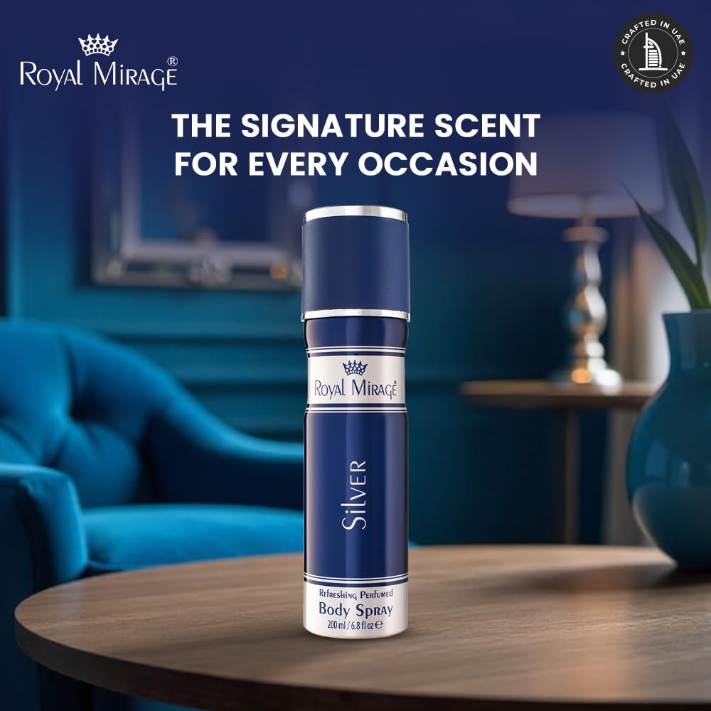 Royal Mirage Silver body spray on a table with a blurred background