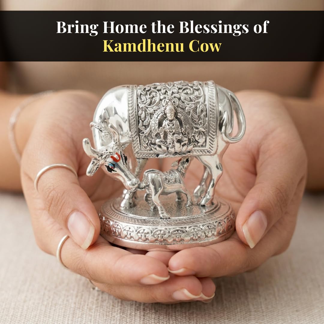 Dev Aastha 999 Pure Silver Plated Kamdhenu Cow Idol | 2.5 inch Vastu Home Decor for Pooja Room & Mandir | Symbol of Prosperity & Abundance | Ideal Religious & Spiritual Gift