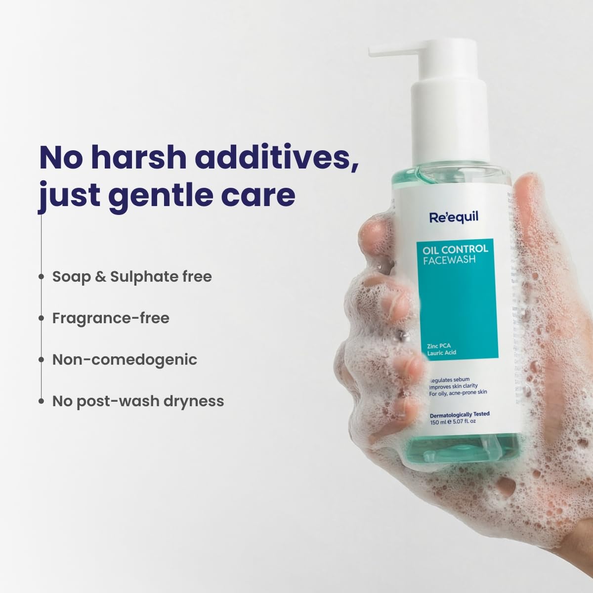 Hand holding a bottle of Re'equil oil control face wash with product features listed on a white background.