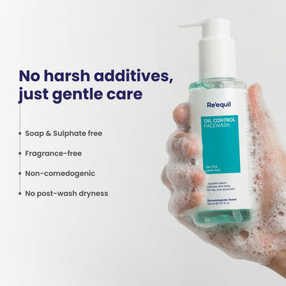 Hand holding a bottle of Re'equil oil control face wash with product features listed on a white background.