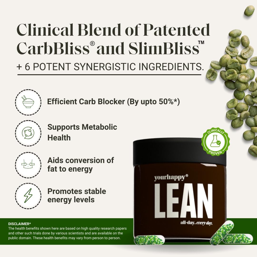 YourHappyLife Lean - 60 Capsules | Weight Management Supplements for Men & Women | Garcinia Cambogia | Boosts Metabolism & Controls Cravings | Fat Burner